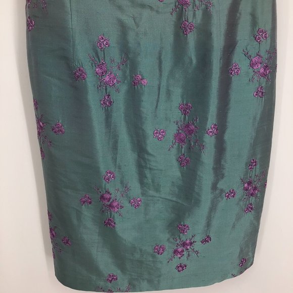 Nanette Lepore Rare Vintage Green Shimmer w/ Pink Floral Embroidery Silk Dress - Picture 7 of 14